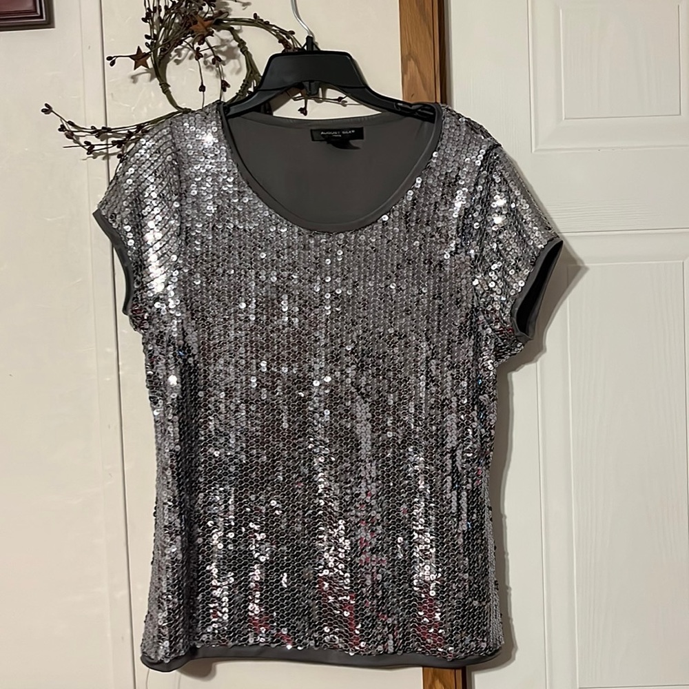 August silk blouse gray with silver sequins size XL 15 inches armpit to bottom